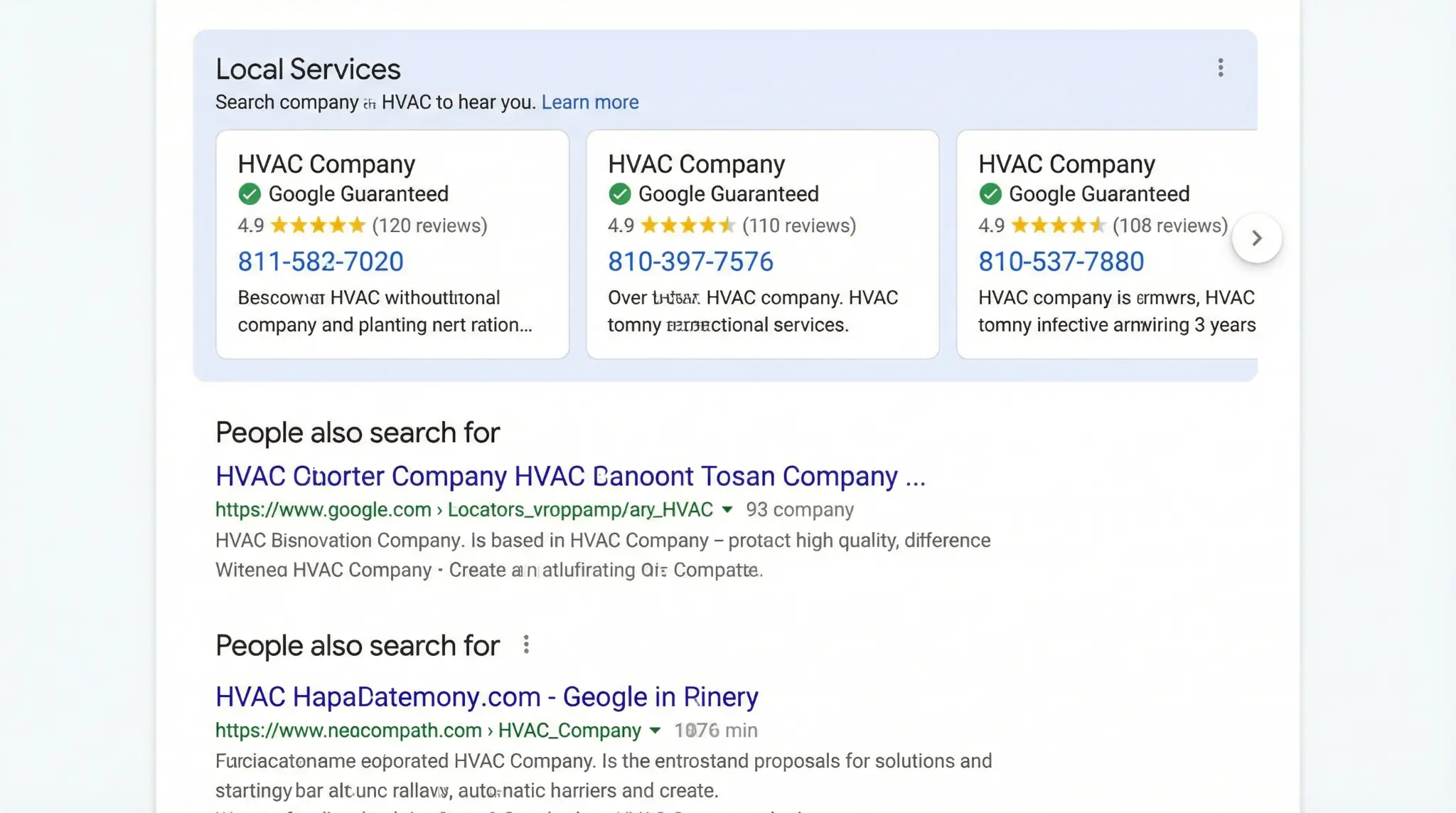 Google Local Services Ads showing HVAC companies with Google Guaranteed badge, ratings, and phone numbers